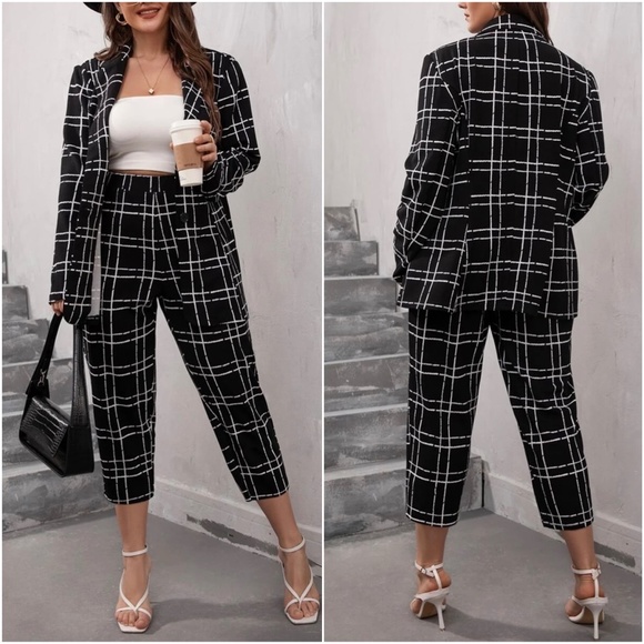 Plus Classic Button up Plaid Blazer Cropped Pants Set - Picture 3 of 3